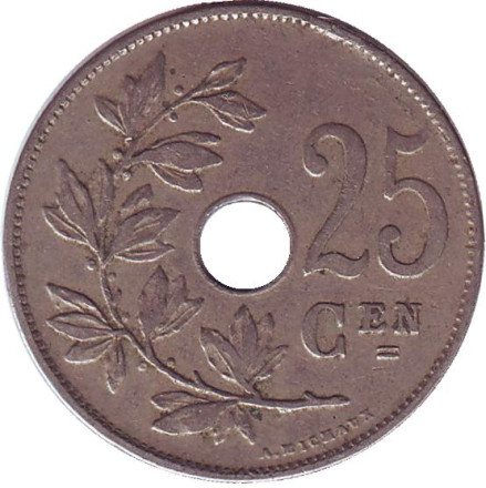 Монета 25 сантимов. 1910 год, Бельгия.