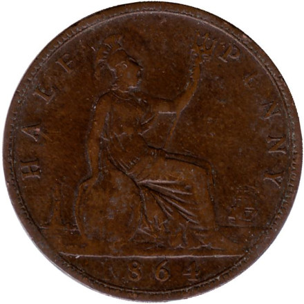 Монета 1/2 пенни. 1864 год, Великобритания.