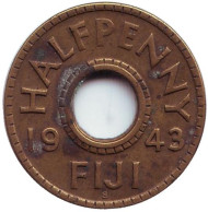 Монета 1/2 пенни. 1943 год, Фиджи. Монета 1/2 пенни. 1943 год, Фиджи.