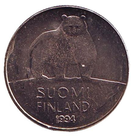 Монета 50 пенни. 1994 год, Финляндия. UNC. Медведь.