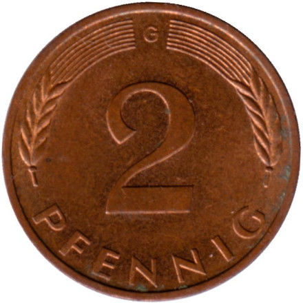 Монета 2 пфеннига. 1986 год (G), ФРГ. Дубовые листья.