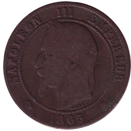 Монета 10 сантимов. 1865 год (A), Франция. Наполеон III.