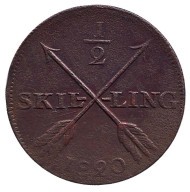 Монета 1/2 скиллинга. 1820 год, Швеция. Монета 1/2 скиллинга. 1820 год, Швеция.