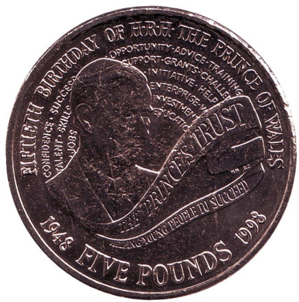 Монета 5 фунтов. 1998 год, Великобритания. 50 лет принцу Чарльзу.