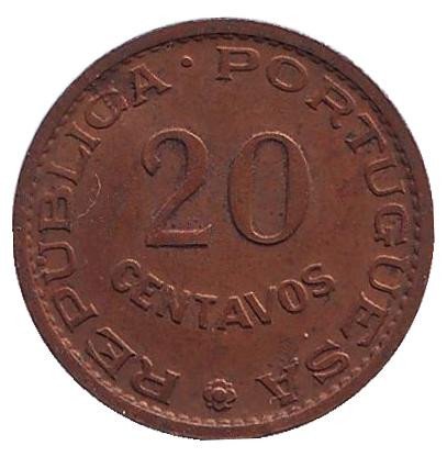 Монета 20 сентаво. 1962 год, Ангола в составе Португалии.
