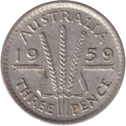 Монета 3 пенса. 1959 год, Австралия.
