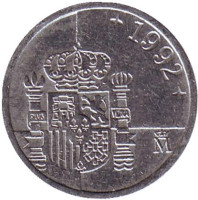 Монета 1 песета. 1992 год, Испания.