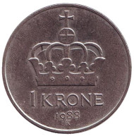 Монета 1 крона. 1988 год, Норвегия. Корона. Монета 1 крона. 1988 год, Норвегия. Корона.