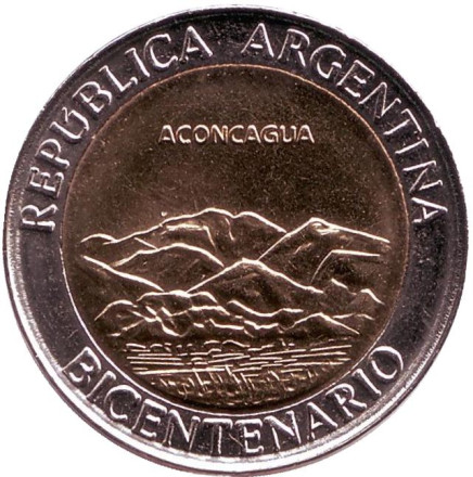 Монета 1 песо. 2010 год, Аргентина. UNC. 200 лет Аргентине. Вулкан Аконкагуа.