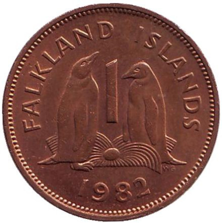 Монета 1 пенни. 1982 год, Фолклендские острова. Субантарктические пингвины.