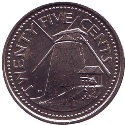 Монета 25 центов. 2007 год, Барбадос. Сахарная мельница Моргана Льюиса.