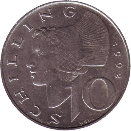 Монета 10 шиллингов. 1992 год, Австрия. Женщина из Вахау.