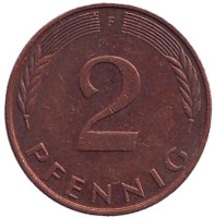 Дубовые листья. Монета 2 пфеннига. 1993 год (F), ФРГ.