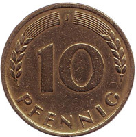 Дубовые листья. Монета 10 пфеннигов. 1968 год (J), ФРГ. 