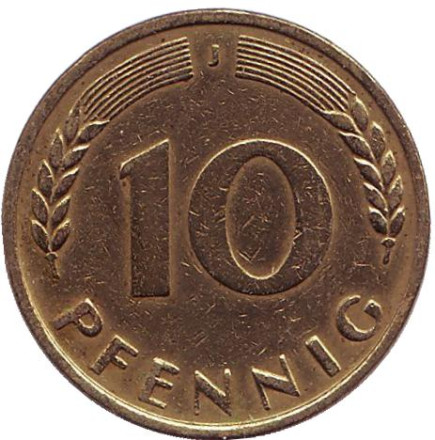 Монета 10 пфеннигов. 1968 год (J), ФРГ. Дубовые листья.