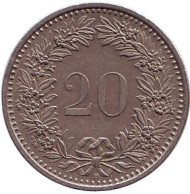 Монета 20 раппенов. 1994 год, Швейцария. Монета 20 раппенов. 1994 год, Швейцария.
