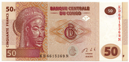 Банкнота 50 франков. 2013 год, Конго. Маска народа тшокве.