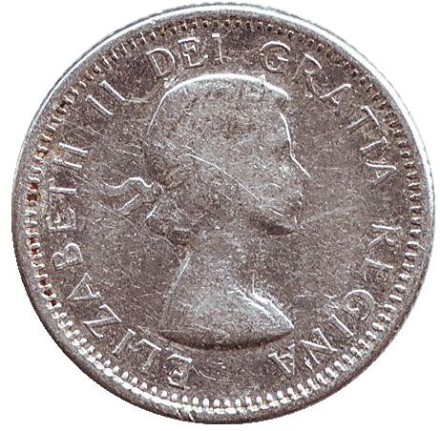 Монета 10 центов. 1960 год, Канада. Парусник. Монета 10 центов. 1960 год, Канада. Парусник.