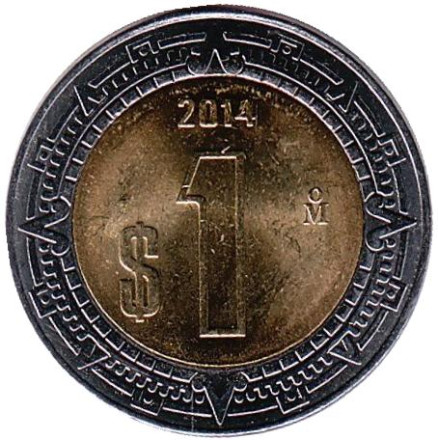 Монета 1 песо. 2014 год, Мексика.