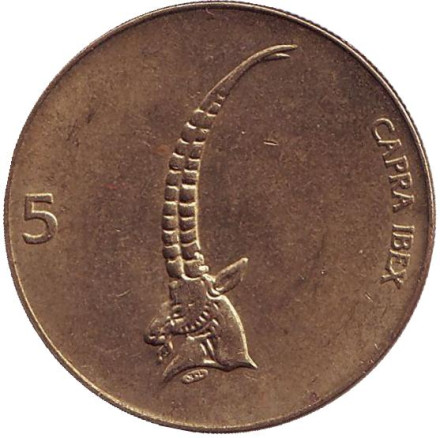Монета 5 толаров. 1993 год, Словения. Альпийский козёл (Ибекс).