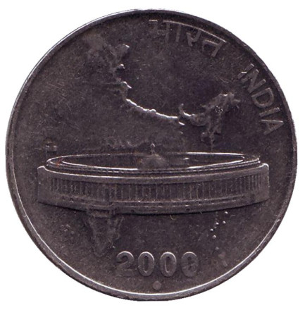 Монета 50 пайсов. 2000 год, Индия. ("°" - Ноида) Здание Парламента на фоне карты Индии.