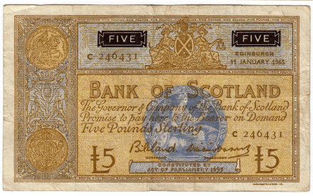 Банкнота 5 фунтов. 1965 год, Шотландия.