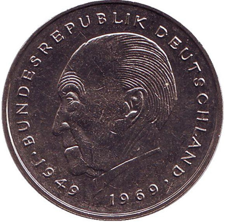 Монета 2 марки. 1981 год (F), ФРГ. UNC. Конрад Аденауэр.