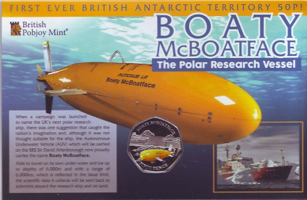 Монета 50 пенсов. 2018 год, Британская Арктическая территория. Корабль Boaty McBoatface ("Лодка с лицом лодки").