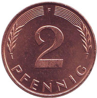 Дубовые листья. Монета 2 пфеннига. 1991 год (F), ФРГ. UNC.