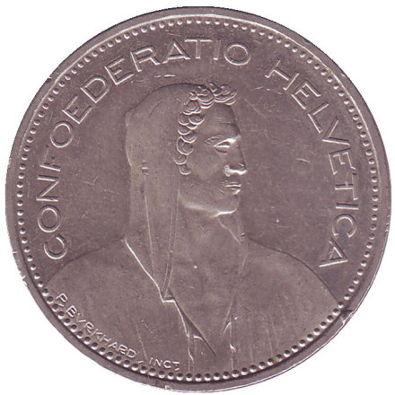 Монета 5 франков. 1988 год, Швейцария. Вильгельм Телль.