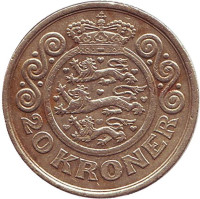 Монета 20 крон. 1996 год, Дания.