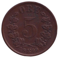 Монета 5 эре. 1899 год, Норвегия. Монета 5 эре. 1899 год, Норвегия.