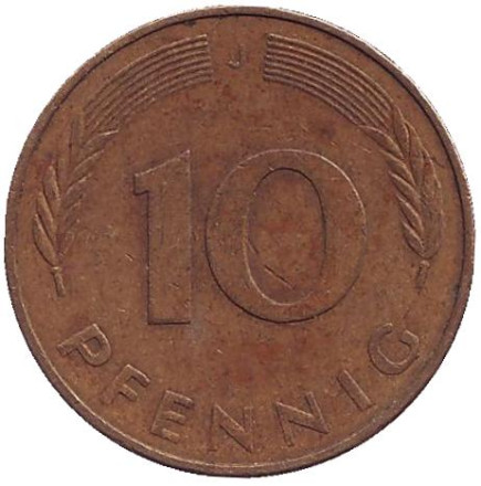 Монета 10 пфеннигов. 1979 год (J), ФРГ. (Из обращения). Дубовые листья.