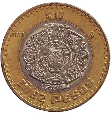 Монета 10 песо. 2013 год, Мексика. Тонатиу. Ацтекский солнечный камень. Орёл.