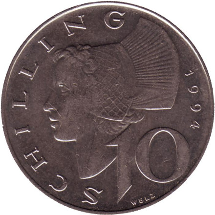 Монета 10 шиллингов. 1994 год, Австрия. Женщина из Вахау.