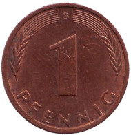 Монета 1 пфенниг. 1976 год (G), ФРГ. Дубовые листья. Монета 1 пфенниг. 1976 год (G), ФРГ. Дубовые листья.