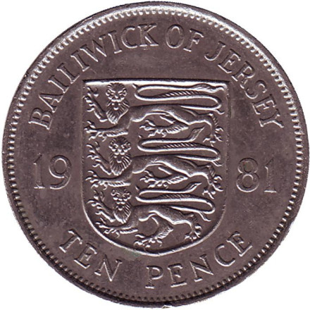 Монета 10 новых пенсов. 1981 год, Джерси. Герб Джерси.