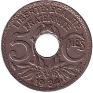 Монета 5 сантимов. 1934 год, Франция. Монета 5 сантимов. 1934 год, Франция.