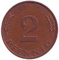 Дубовые листья. Монета 2 пфеннига. 1994 год (G), ФРГ.