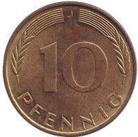 Дубовые листья. Монета 10 пфеннигов. 1971 год (J), ФРГ.