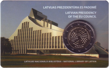 Монета 2 евро, 2015 год, Латвия. (в коинкарте!) Председательство Латвии в Совете ЕС.