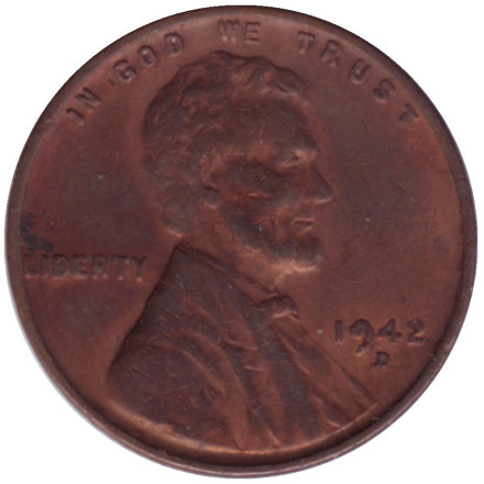 Монета 1 цент. 1942 год (D), США. Линкольн.
