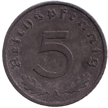 Монета 5 рейхспфеннигов. 1942 год (A), Третий Рейх (Германия).