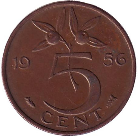 Монета 5 центов. 1956 год, Нидерланды.