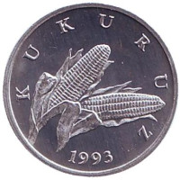 Початок кукурузы. Монета 1 липа. 1993 год, Хорватия.