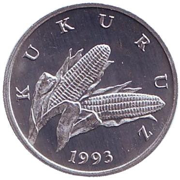 Монета 1 липа. 1993 год, Хорватия. Початок кукурузы.