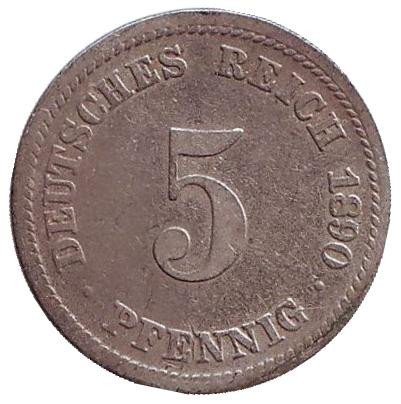 Монета 5 пфеннигов. 1890 год (D), Германская империя.