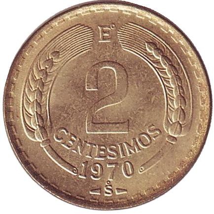 Монета 2 чентезимо. 1970 год, Чили. UNC. Кондор. Монета 2 чентезимо. 1970 год, Чили. UNC. Кондор.