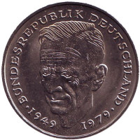 Курт Шумахер. Монета 2 марки. 1981 год (F), ФРГ. UNC.