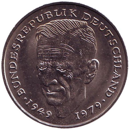 Монета 2 марки. 1981 год (F), ФРГ. UNC. Курт Шумахер.